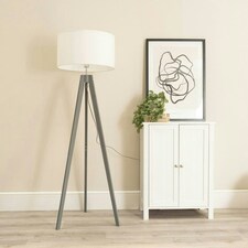 ValueLights Jackson Grey Wood Tripod Floor Lamp with White Fabric Lamp Shade and LED Bulb