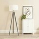 image 1 of ValueLights Jackson Grey Wood Tripod Floor Lamp with White Fabric Lamp Shade and LED Bulb