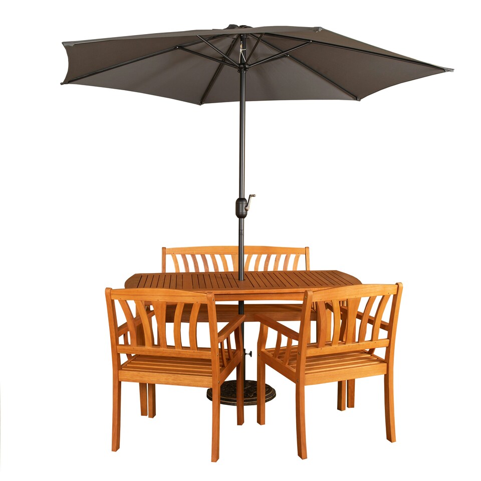image 1 of Outdoor 4 Person Rectangular Wooden Dining Table Chairs & Bench with Grey Havana Parasol & Base