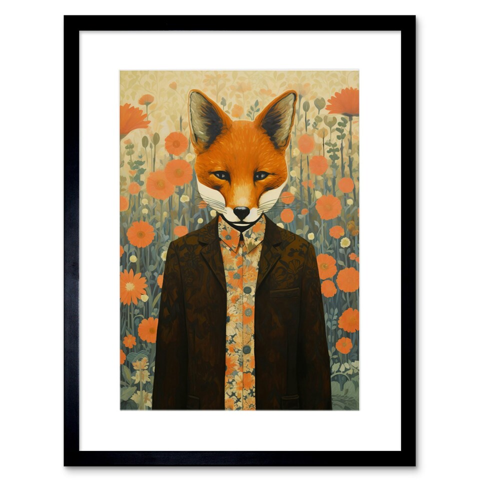 image 1 of Floral Portrait of Boho Hipster Fox in a Suit 9x7" Black Framed Wall Art Print