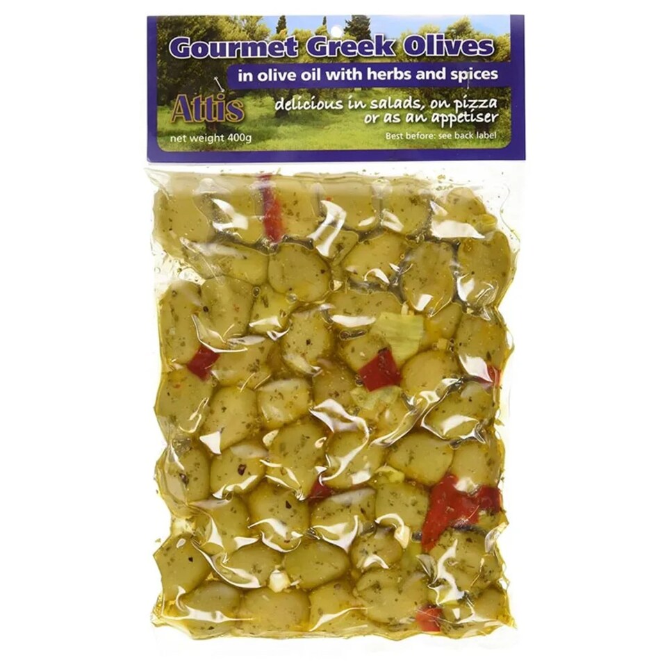 Aegean Pitted Green Olives with Garlic 400g (Attis)