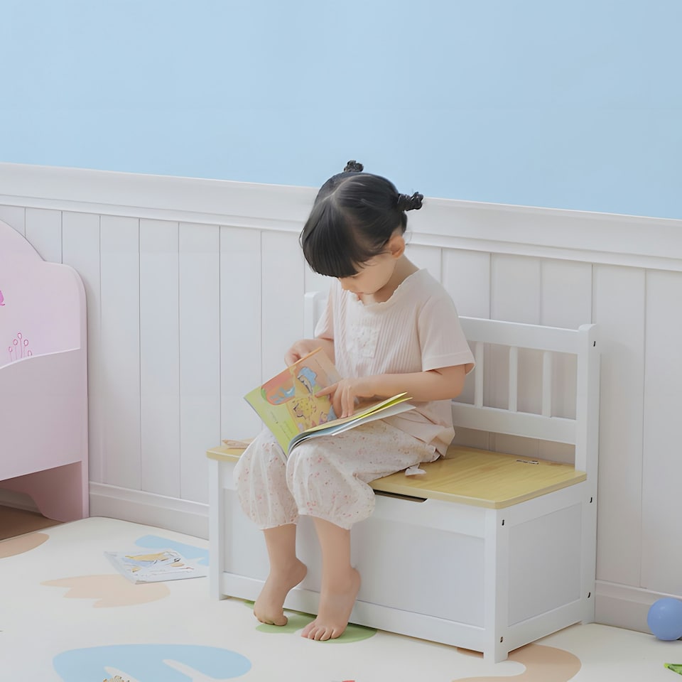 image 1 of HOMCOM 2 In 1 Wooden Toy Box, Seat Bench Storage Chest w/ Pneumatic Rod White | 60 x 30 x 50cm
