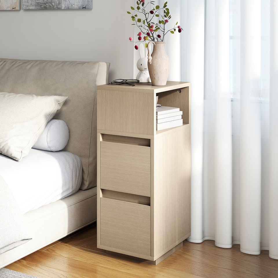 image 1 of HOMCOM Slim Bedside Table, Narrow Bedside Cabinet with Open Shelf and 2 Drawers, Modern Nightstand for Bedroom, Living Room, Natural Wood Finish | Brown | Natural wood finish