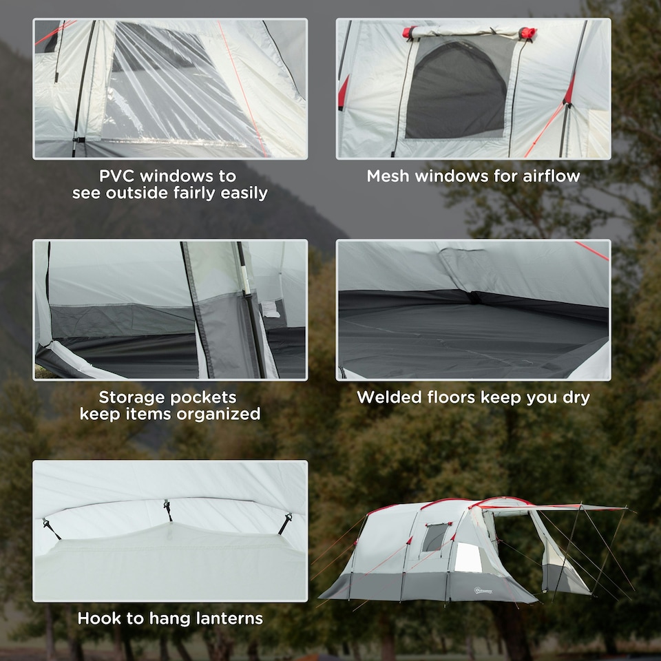 image 1 of Outsunny 6-8 Person Tunnel Tent, Two-room Camping Tent with Carry Bag, Grey