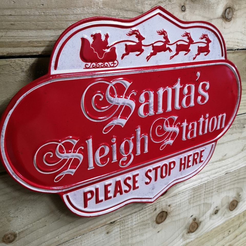 image 1 of 51cm Red and White Metal Christmas Santa Sleigh Station Sign