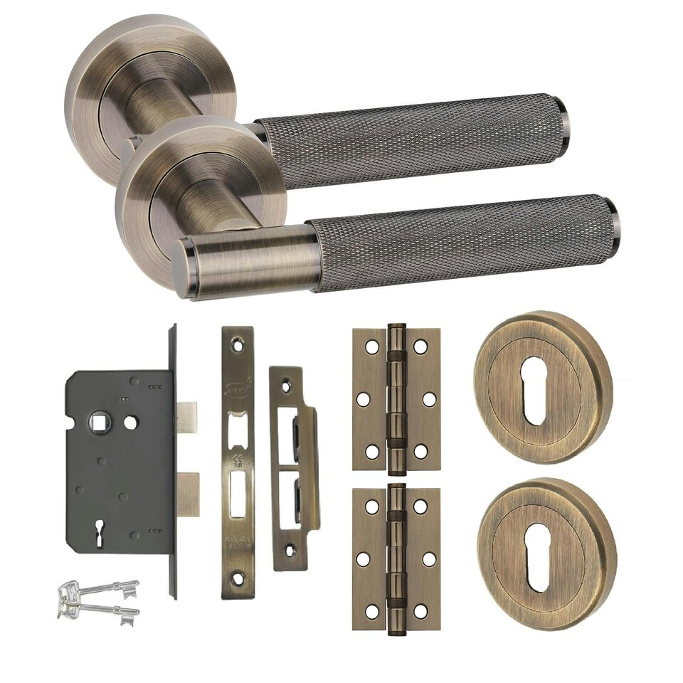 image 1 of Golden Grace Straight T-Bar Knurled Door Handle Set in Antique Brass with Hinges and Mortise Lock Bronze