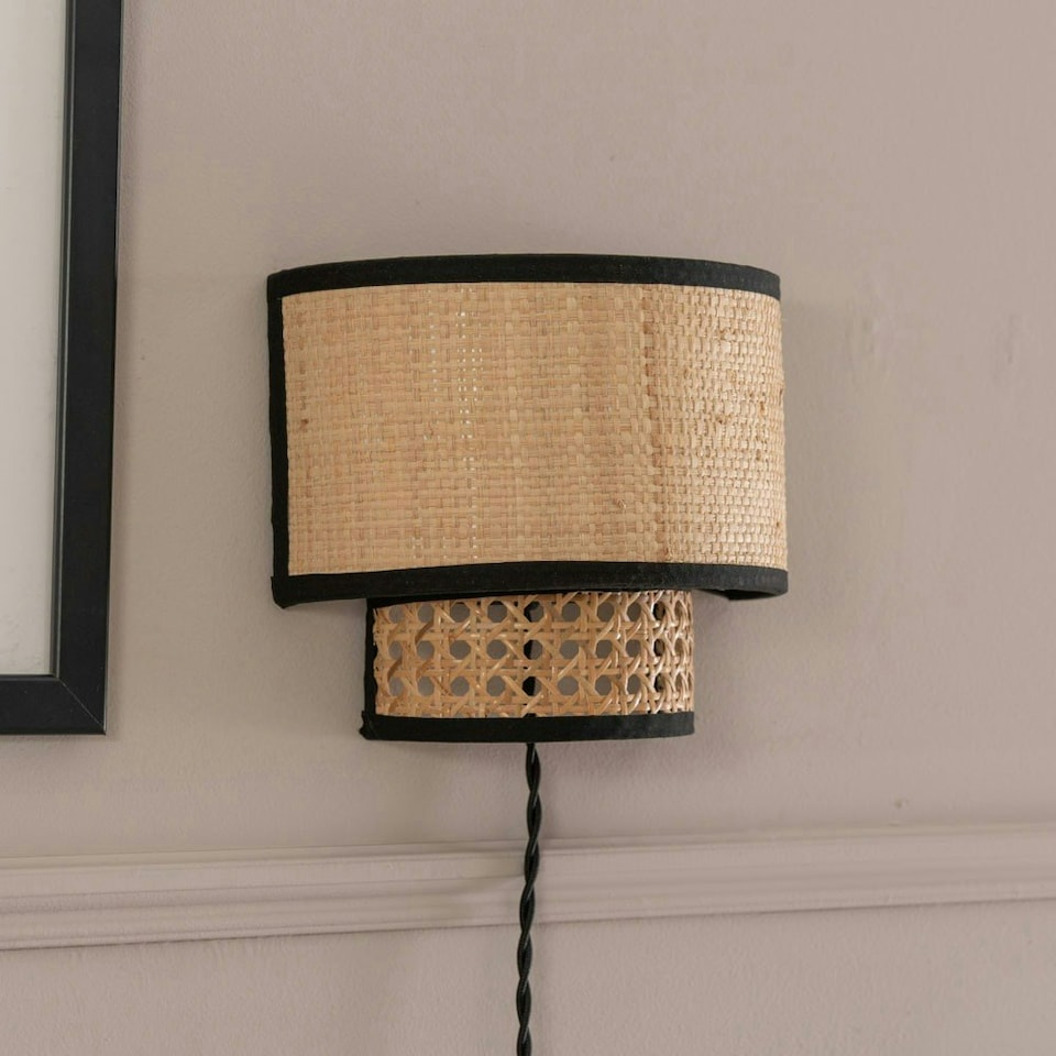 image 1 of ValueLights Grant Pair Plug in Natural Rattan Wicker Cane Easy Fit Wall Lights | Brown