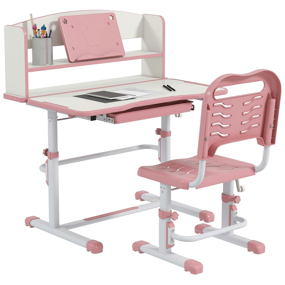 image 1 of ZONEKIZ Height Adjustable Kids Desk and Chair Set, with Drawer, Bookshelf Grey