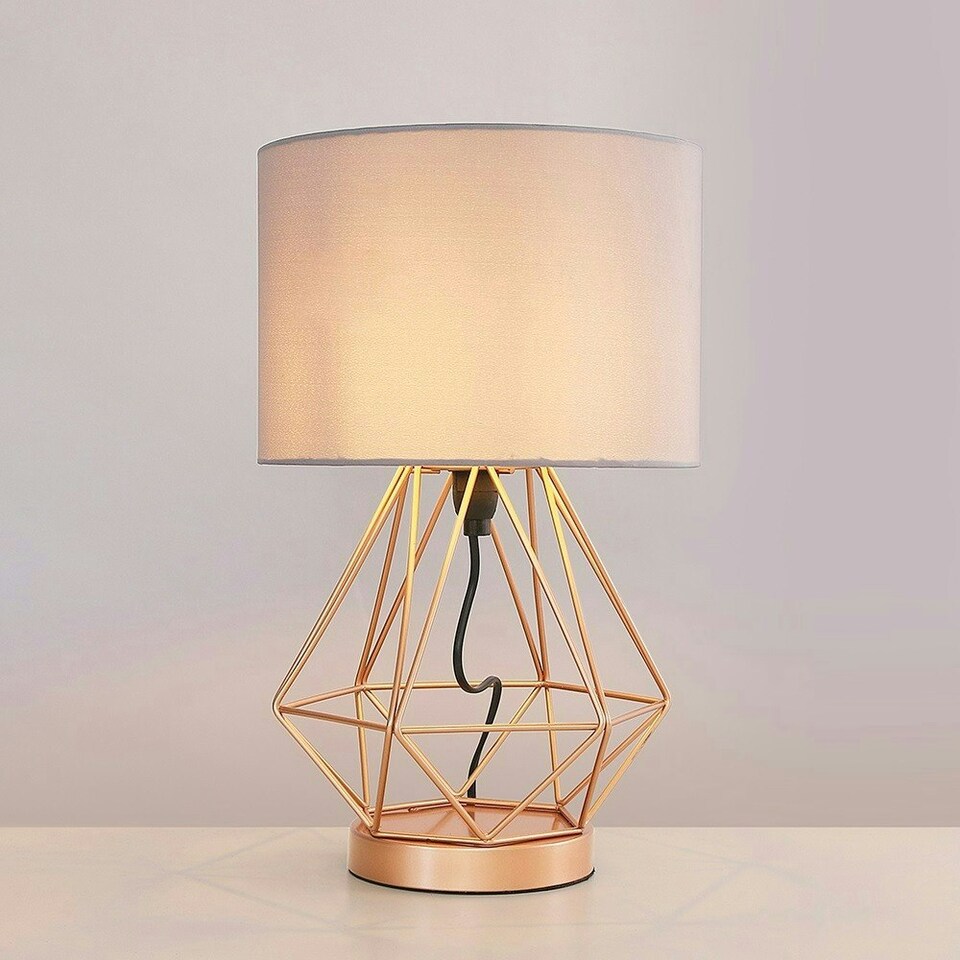 image 1 of ValueLights Copper Metal Basket Cage Touch Table Lamp with a Grey Cylinder Shade - Complete with a 5w LED Dimmable Bulb 3000K Warm White Grey