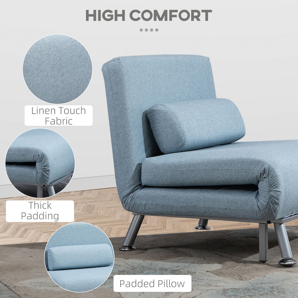 image 1 of HOMCOM Linen Chair Bed, 3-in-1 Convertible Sleeper Chair with Adjustable Backrest, Pillow, for Living Room, Bedroom, Sky Blue