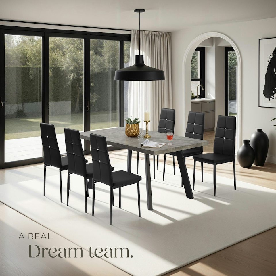 image 1 of Dining Chair Set - high backrest, slim steel legs & rhinestone highlights - Set of 6 Black