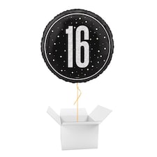 Black Glitz Age 16 Holographic Round Foil Helium Balloon - Inflated Balloon in a Box