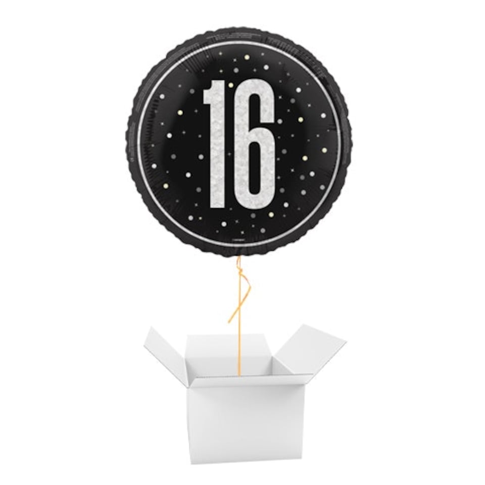 Black Glitz Age 16 Holographic Round Foil Helium Balloon - Inflated Balloon in a Box