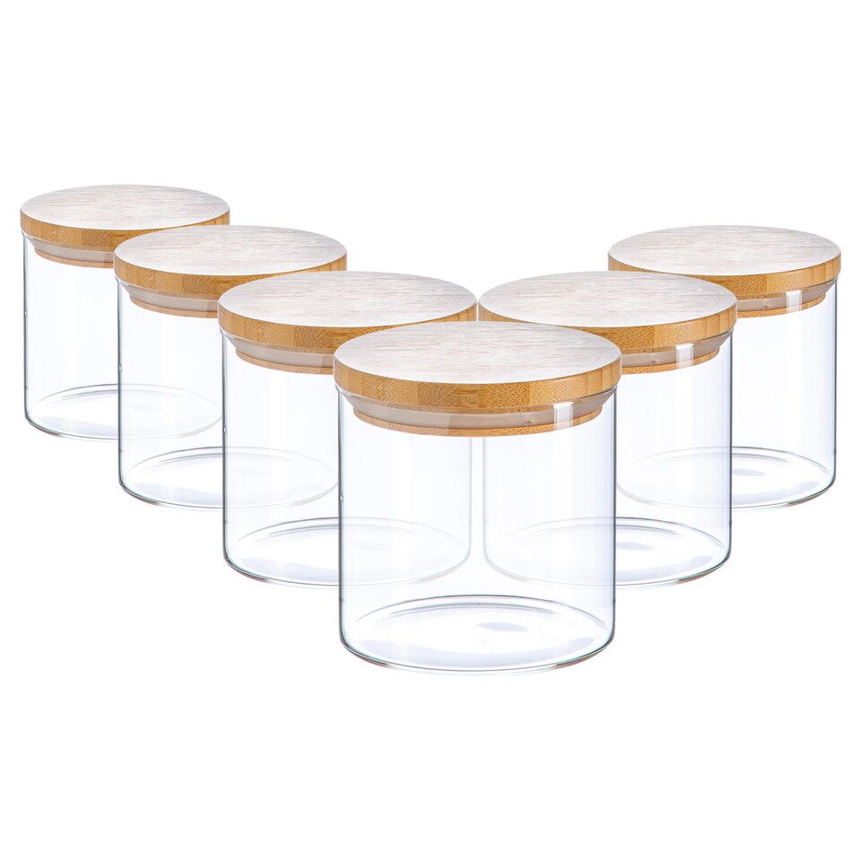 image 1 of Argon Tableware Glass Storage Jars - Wooden Lid - 550ml - Modern Round Scandi Organisation Container Glass Jar - Set of 6