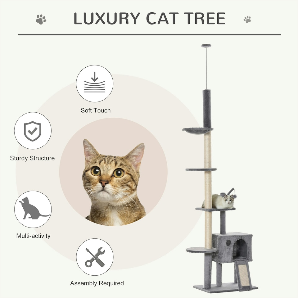 image 1 of PawHut 270cm Floor To Ceiling Cat Tree Scratching Post with Hammock, Grey