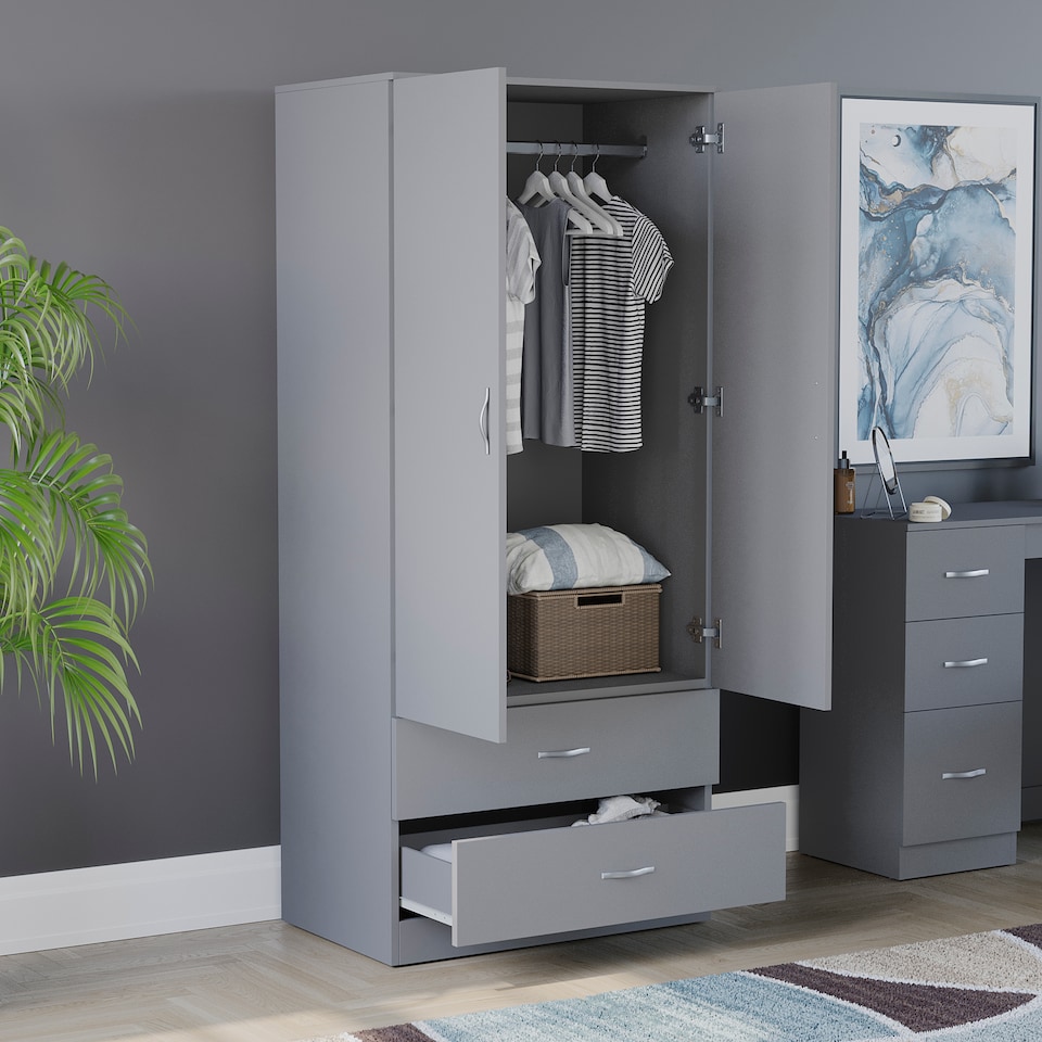 image 1 of Vida Designs Riano 2 Door 2 Drawer Wardrobe With Shelf & Clothes Rail, Grey