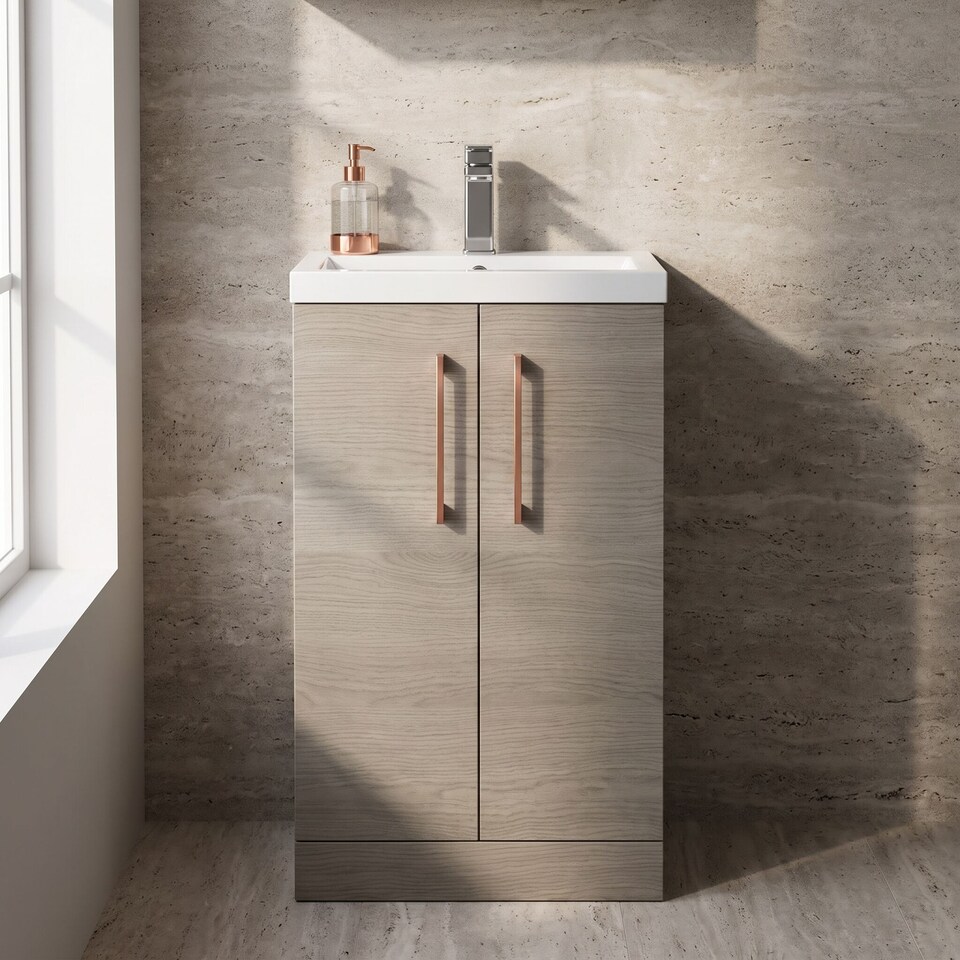 image 1 of Balterley Level Compact Bathroom Cloakroom Vanity Basin Unit with Polymarble Basin, Handles, Mid Oak | Brown | Grey Vicenza Oak | 840 x 503 x 353mm