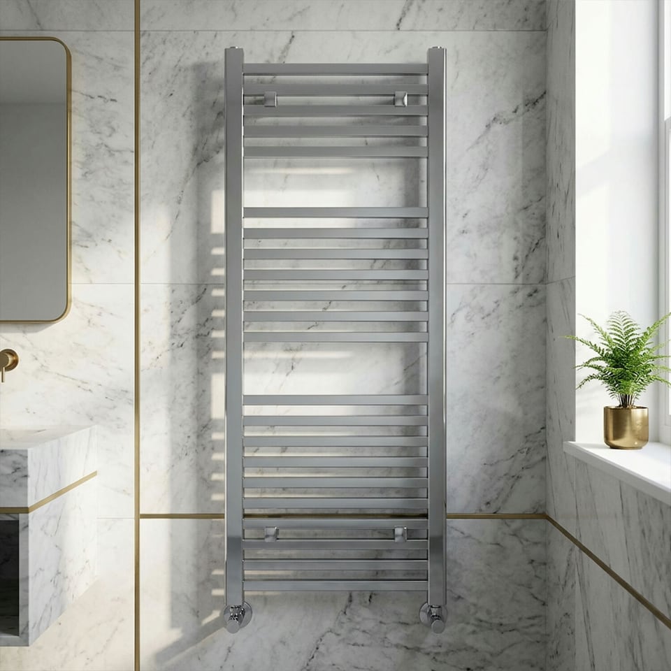 image 1 of Balterley Contemporary Heated Vertical Towel Ladder Rail with Square Rails, 1167 BTU Bathroom Radiator | Silver | Chrome | 1