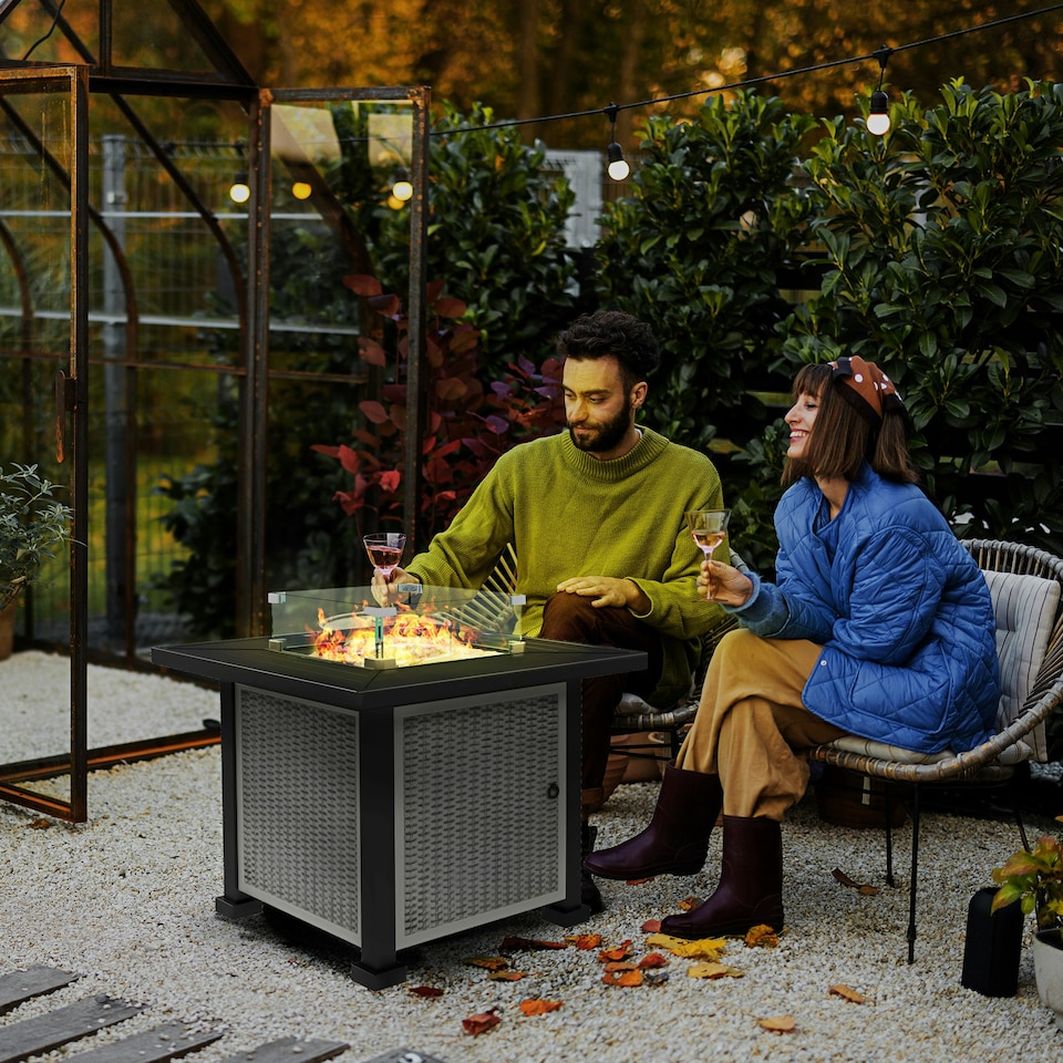 image 1 of Outsunny Outdoor Propane Gas Fire Pit Table w/ Wind Screen & Glass Beads, Grey
