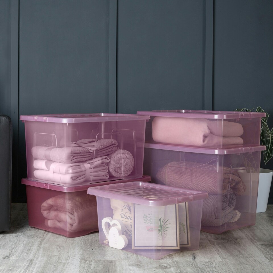 image 1 of Wham Crystal 5 x Multisize Stackable Plastic Storage Boxes with Lids Tint Dusky Orchid Pink