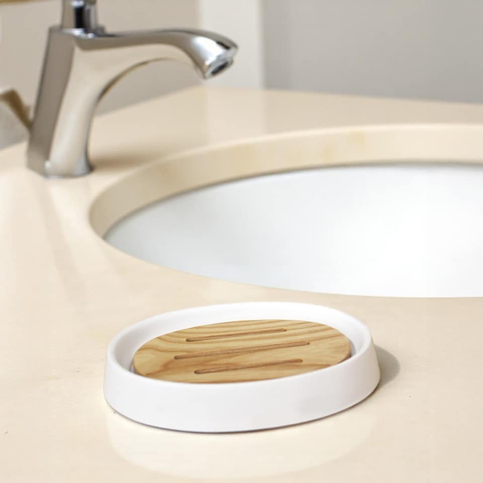 image 1 of Showerdrape Sonata White & Bamboo Soap Dish | White | White | 1