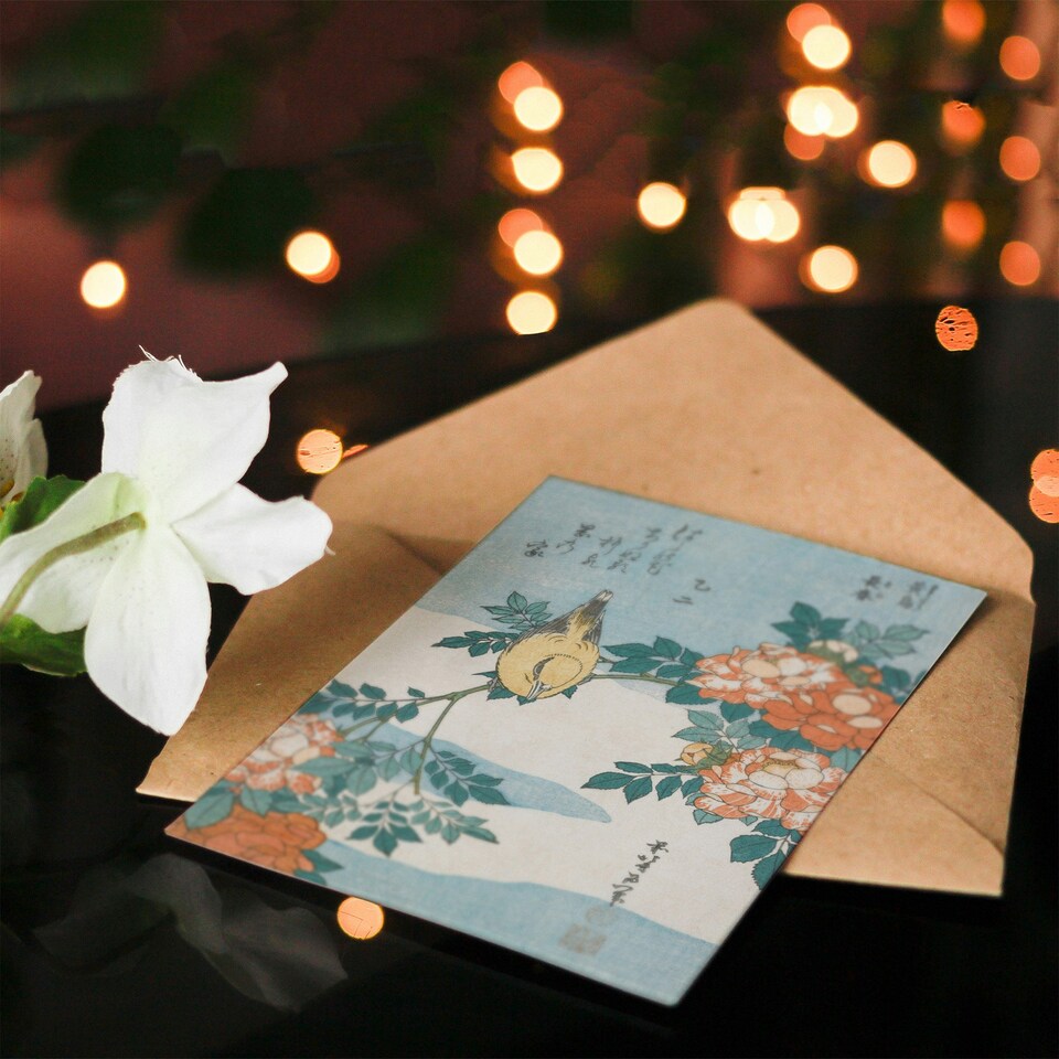 image 1 of Katsushika Hokusai Japanese Art Card Bush Warbler And Roses