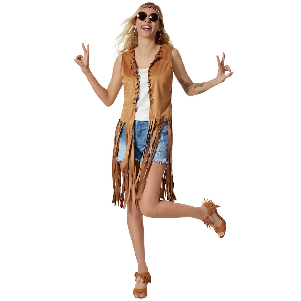 image 1 of Womens Fancy Dress Costume - Hippie Waistcoat and Accessories | Brown | brown | XL | 1