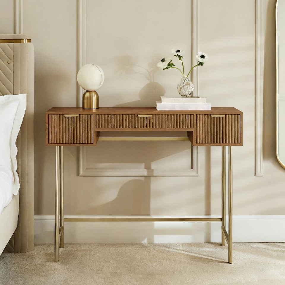 image 1 of OHS Ribbed Dressing Table Vanity Makeup Desk with 3 Drawers