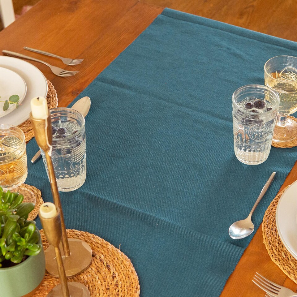 image 1 of Nicola Spring Cotton Fabric Table Runner - 48cm x 183cm - Denim Blue | Blue | Denim Blue