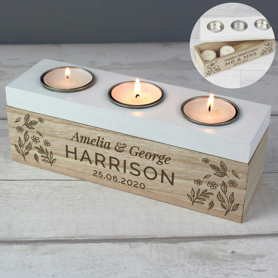 image 1 of Personalised Floral Triple Tea Light Box Brown