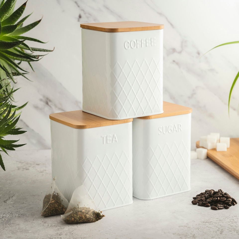 image 1 of Cooks Professional Kitchen Storage Set | 3-Piece Square with Bamboo Lids | Tea Coffee Sugar | White