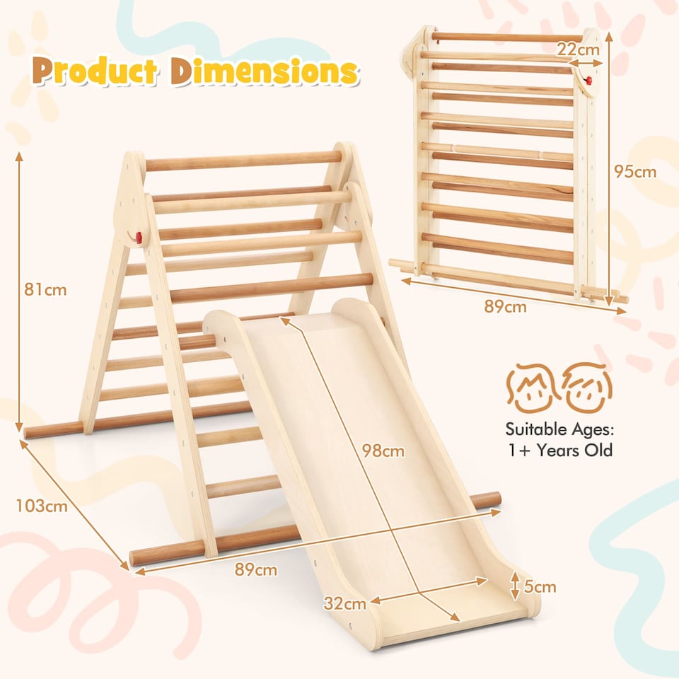 image 1 of COSTWAY Pikler Triangle Set Foldable Triangle Climber Climbing Toys-Natural