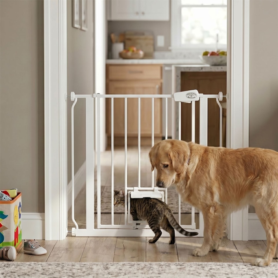 image 1 of Bettacare Pet Gate with Lockable Cat Flap, 75cm - 83cm, White, 75cm in Height, Dog Safety Barrier with Cat Flap | White