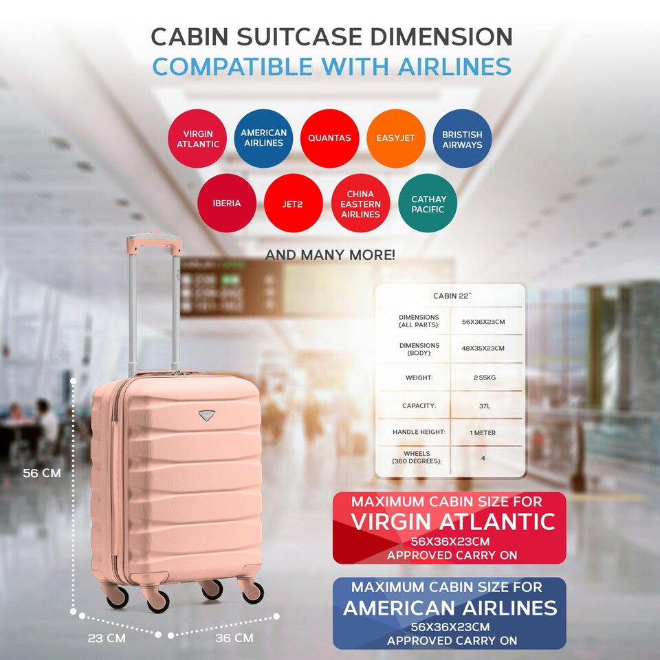 image 1 of Flight Knight Cabin Suitcase 56x36x23cm - 30+ Airlines Approved - British Airways, EasyJet- Lightweight 4 Wheel Carry On Hard Shell Hand Luggage Pink | Rose | Cabin Bag