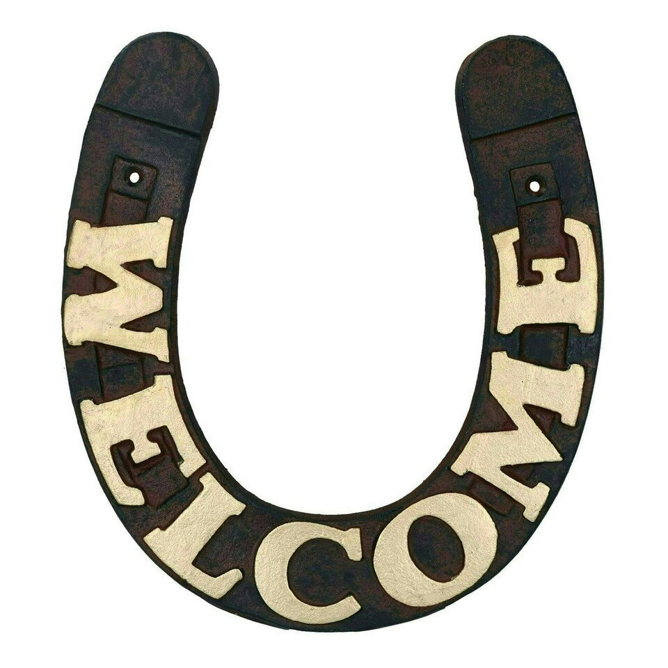image 1 of Horse Shoe Welcome Cast Iron Sign Plaque Wall Gate House Stable Farm Yard