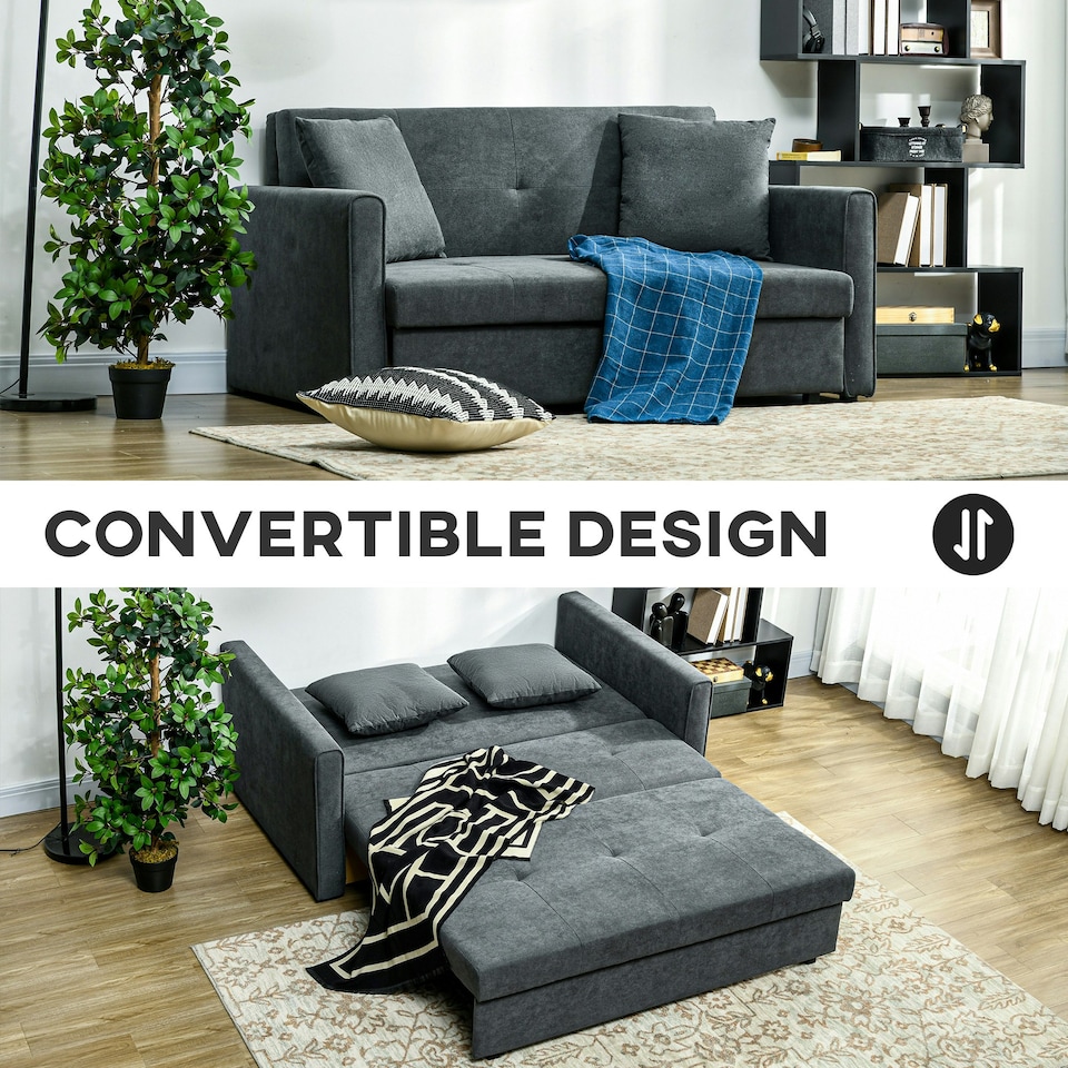 image 1 of HOMCOM 2 Seater Sofa Bed Convertible Bed Settee w/ 2 Cushions Storage Dark Grey