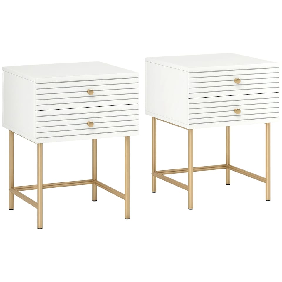 image 1 of HOMCOM Bedside Tables Set of 2, Bedside Cabinet with 2 Drawers, Gold Steel Legs, Modern Side Table with Striped Panel for Bedroom, Living Room, White