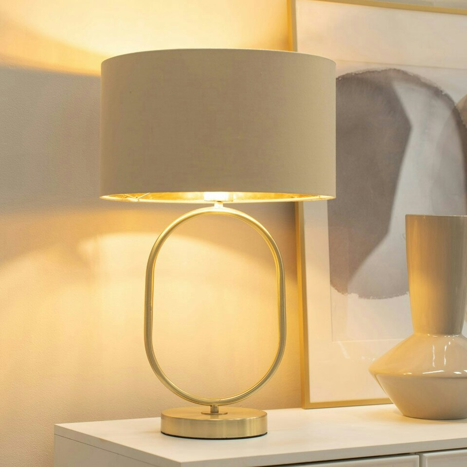image 1 of ValueLights Antonia Beige with Gold Inner Drum Shade Brushed Gold Oval Table Lamp with Bulb Gold