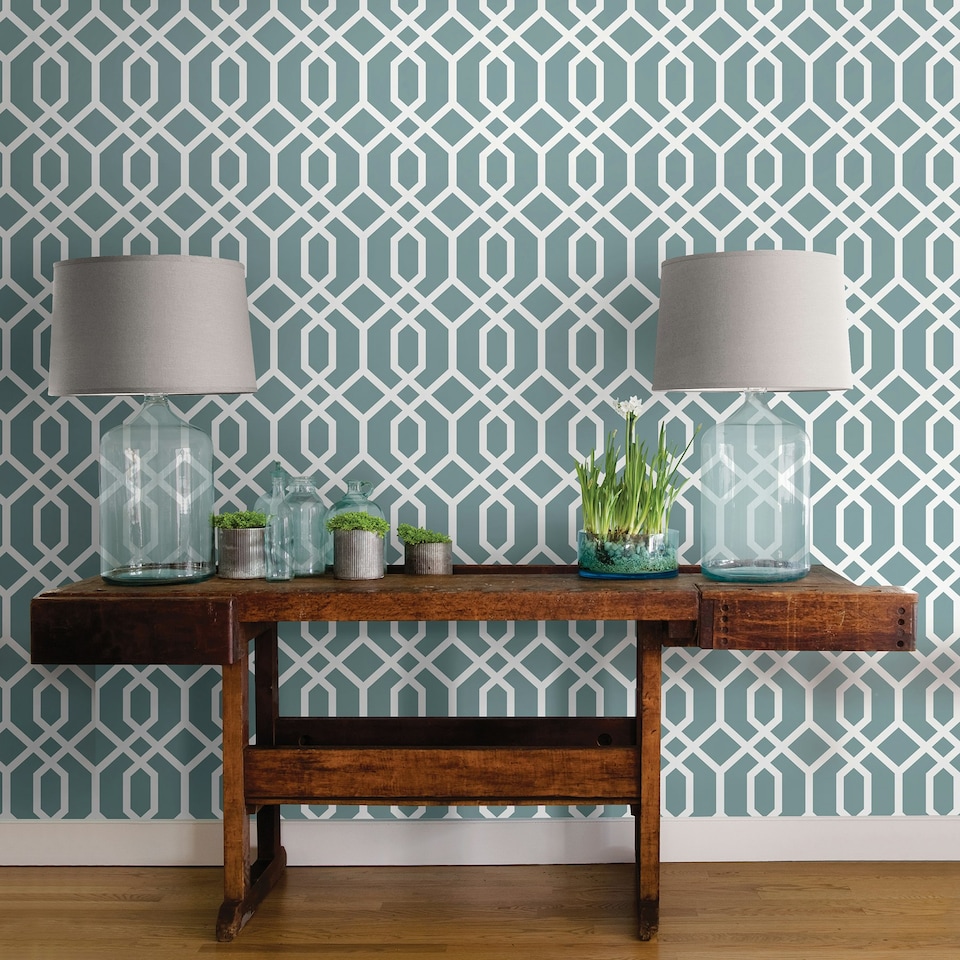 image 1 of NuWallpaper NU1691 Montauk Lattice Hemlock Peel & Stick Wallpaper, Hemlock Blue Multi