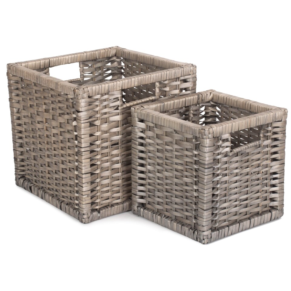 image 1 of Set of 2 Wooden Framed Split Willow Storage Basket | Brown | Brown | Not provided