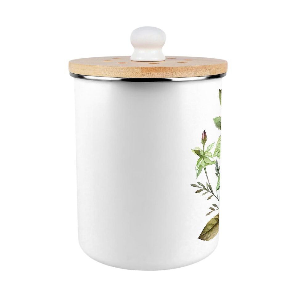 image 1 of Watercolour Herbs Compost Caddy - Metal 2L Decorative Kitchen Food Waste Bin