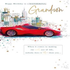 Words 'n' Wishes Wonderful Grandson Birthday Card - Red Sports Car Embossed with Foil Details - Eco-Friendly
