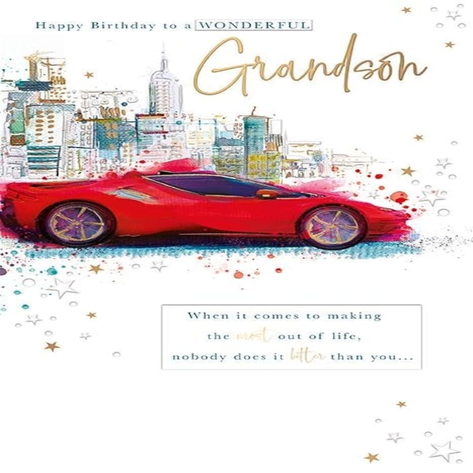 Words 'n' Wishes Wonderful Grandson Birthday Card - Red Sports Car Embossed with Foil Details - Eco-Friendly