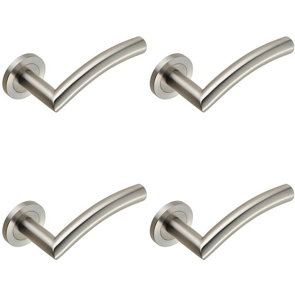4x Curved Round Bar Handle on Round Rose Concealed Fix Satin Stainless Steel