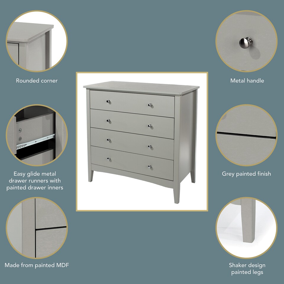 image 1 of Como 4 Drawer Chest of Drawers - Shaker Style Bedroom Storage Cabinet with Compact Design | Grey | Grey | 1