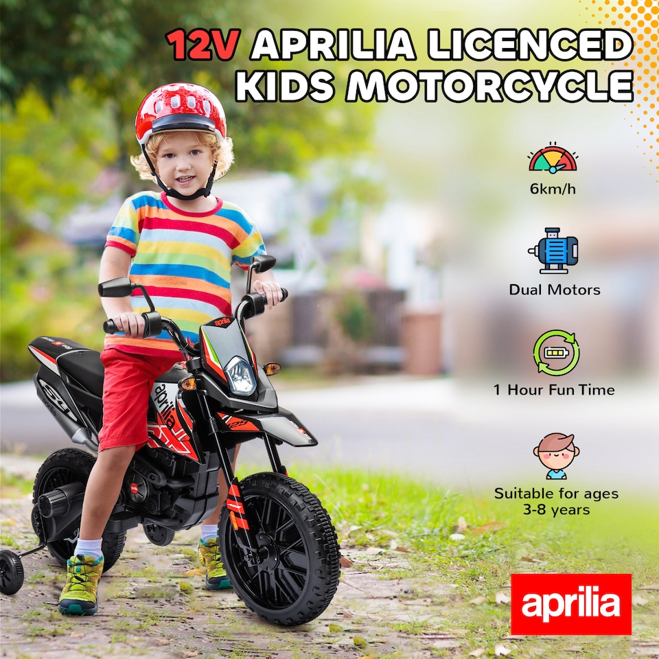 image 1 of AIYAPLAY 12V Kids Motorcycle, Aprilia Licensed Electric Motorbike with Training Wheels, Spring Suspension, LED Light, Music, USB, Kids Electric Bike for Boys, Girls, Red and Black