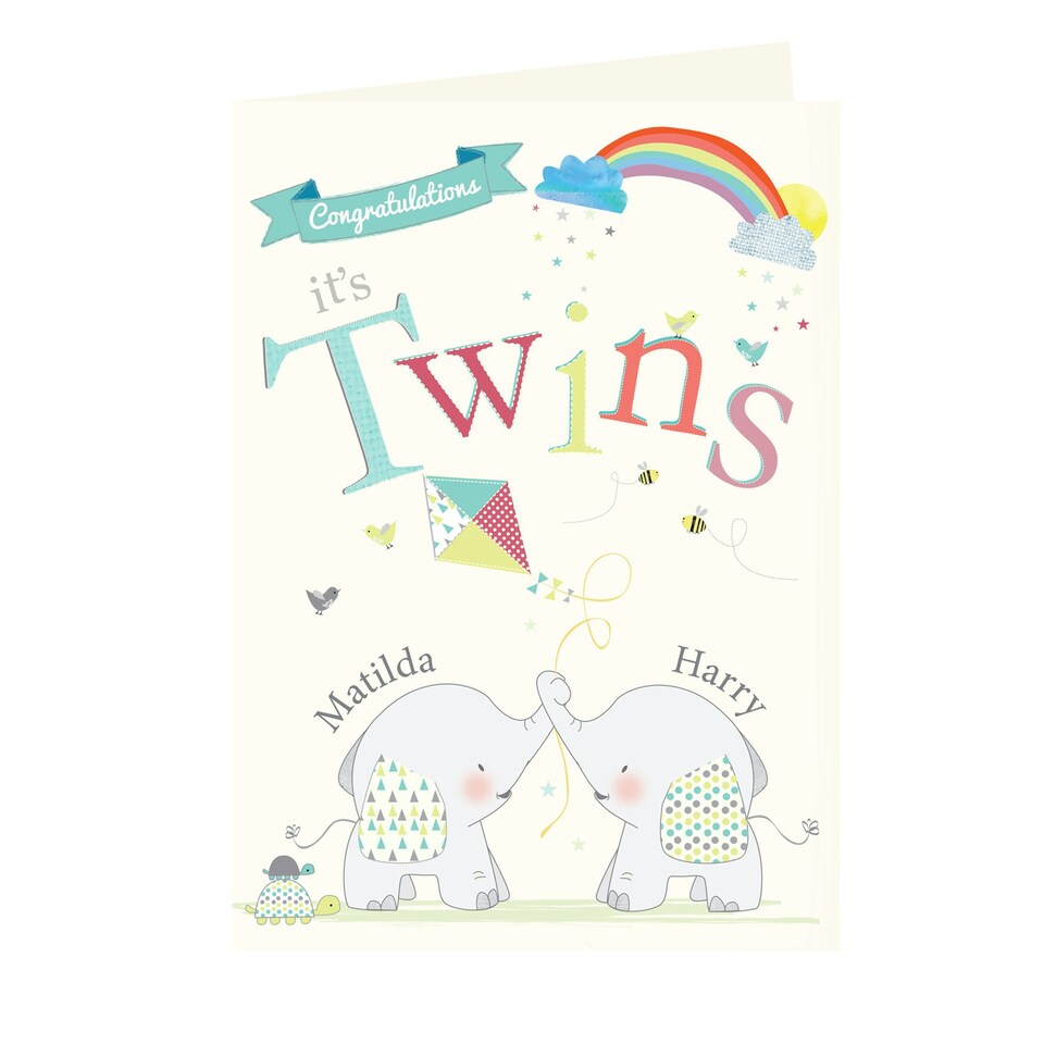 image 1 of Personalised Hessian Elephant Twins Card