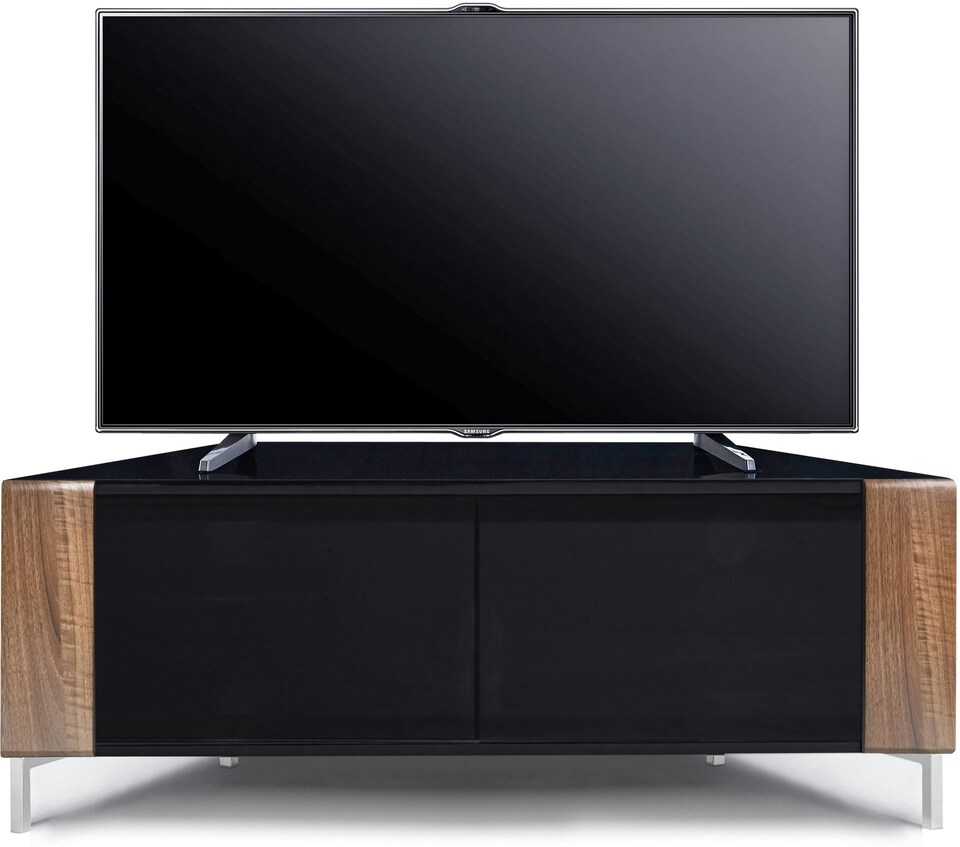 image 1 of MDA Designs CORVUS Corner-Friendly Gloss Black Contemporary Cabinet with Walnut Profiles Black BeamThru Glass Doors Suitable for Flat Screen TVs up to 50" | Multi | 1