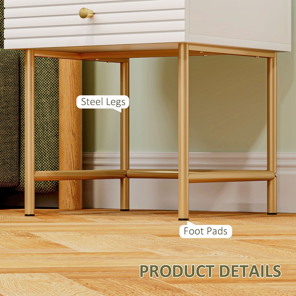 image 1 of HOMCOM Bedside Tables Set of 2, Bedside Cabinet with 2 Drawers, Gold Steel Legs, Modern Side Table with Striped Panel for Bedroom, Living Room, White