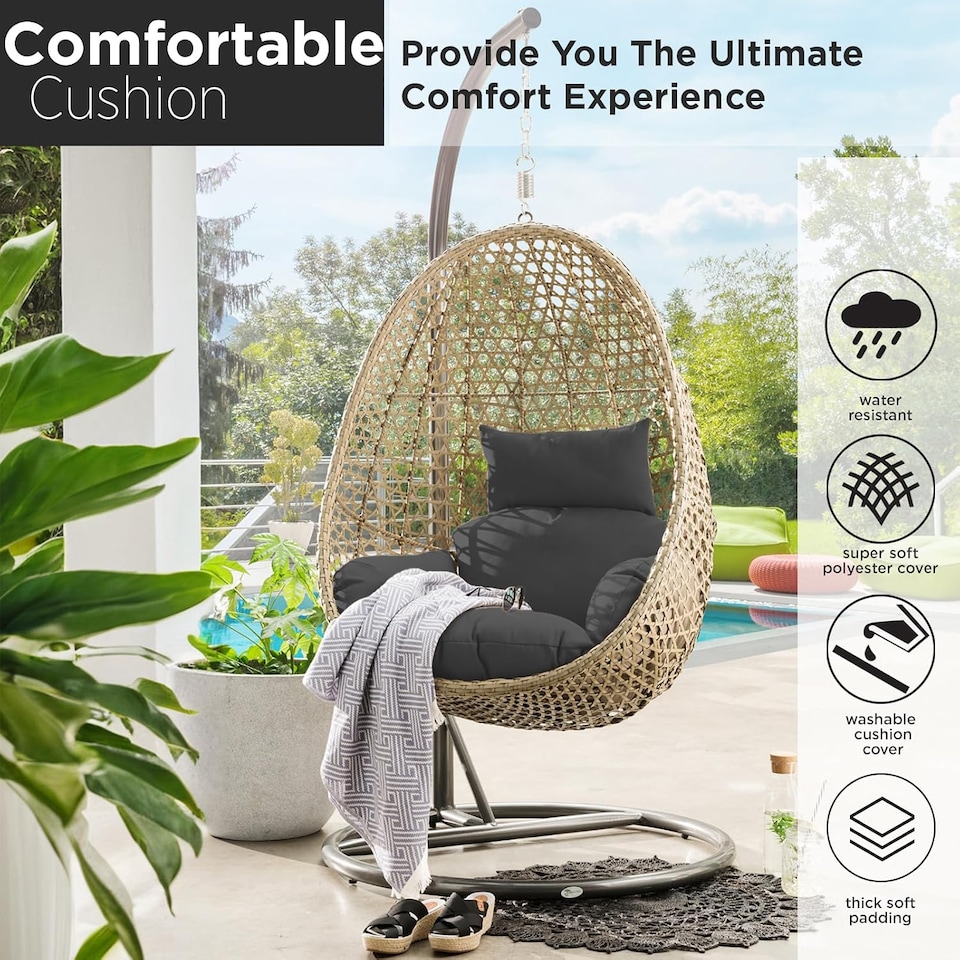image 1 of Black Replacement Cushion For Swing Egg Chair, 5 Pieces Water-Resistant Hanging Basket Swing Chair Cushion